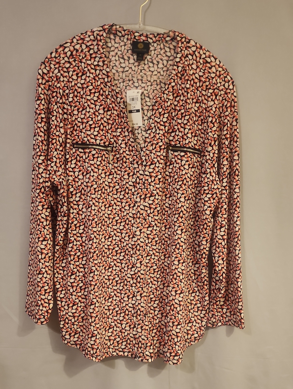 JM collection Pink and Black Printed V-Neck Blouse with Zip Pocket Detail